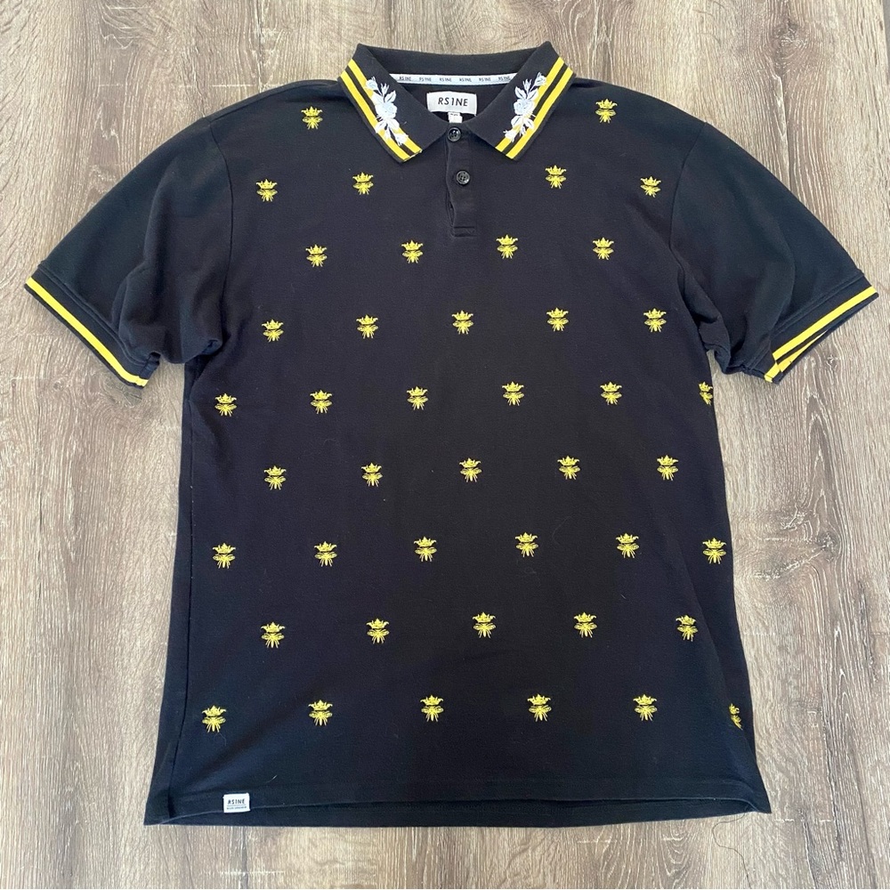 Luxury Style Bumblebee & Crowns All Over Stitched Black Polo Shirt